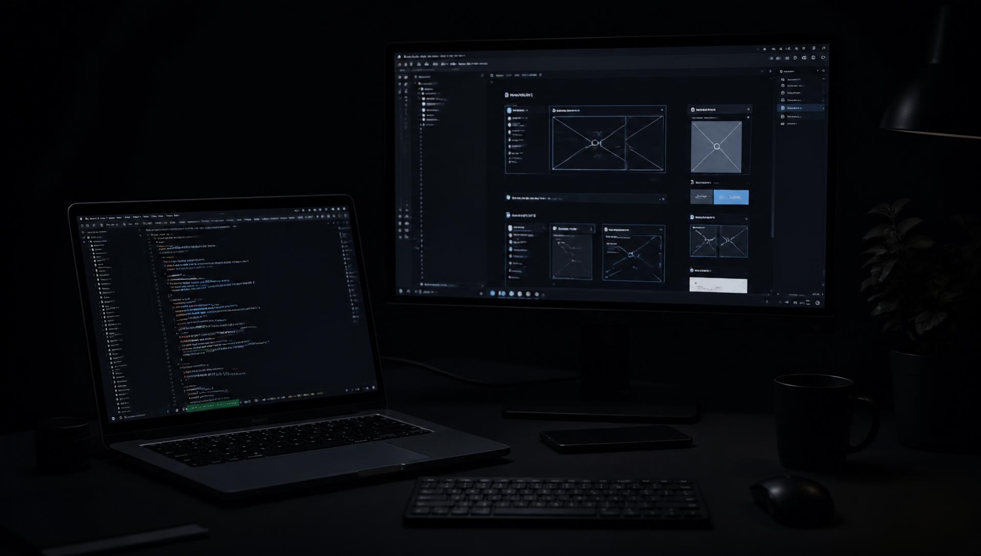 Dark web development workspace with code editor and website wireframe on screen